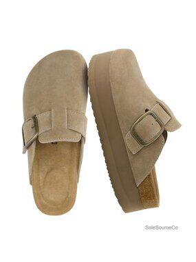 Genuine Suede Cork Footbed Platform Clog Slip-On with Buckle